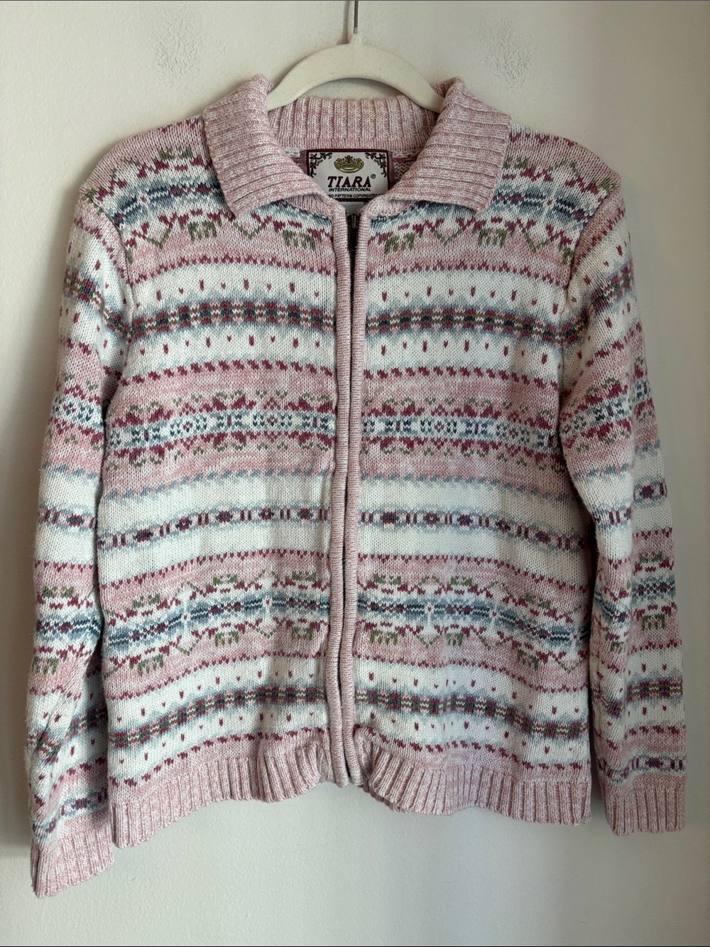 Vintage fair isle Tiara international Pink Zip Cardigan sweater women’s med GUC